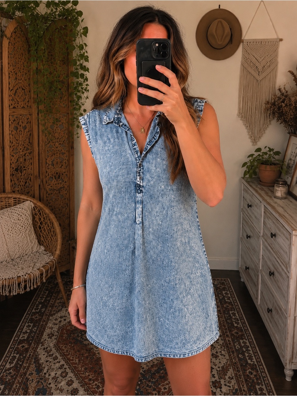 Sleeveless Light Blue Denim Shift Dress